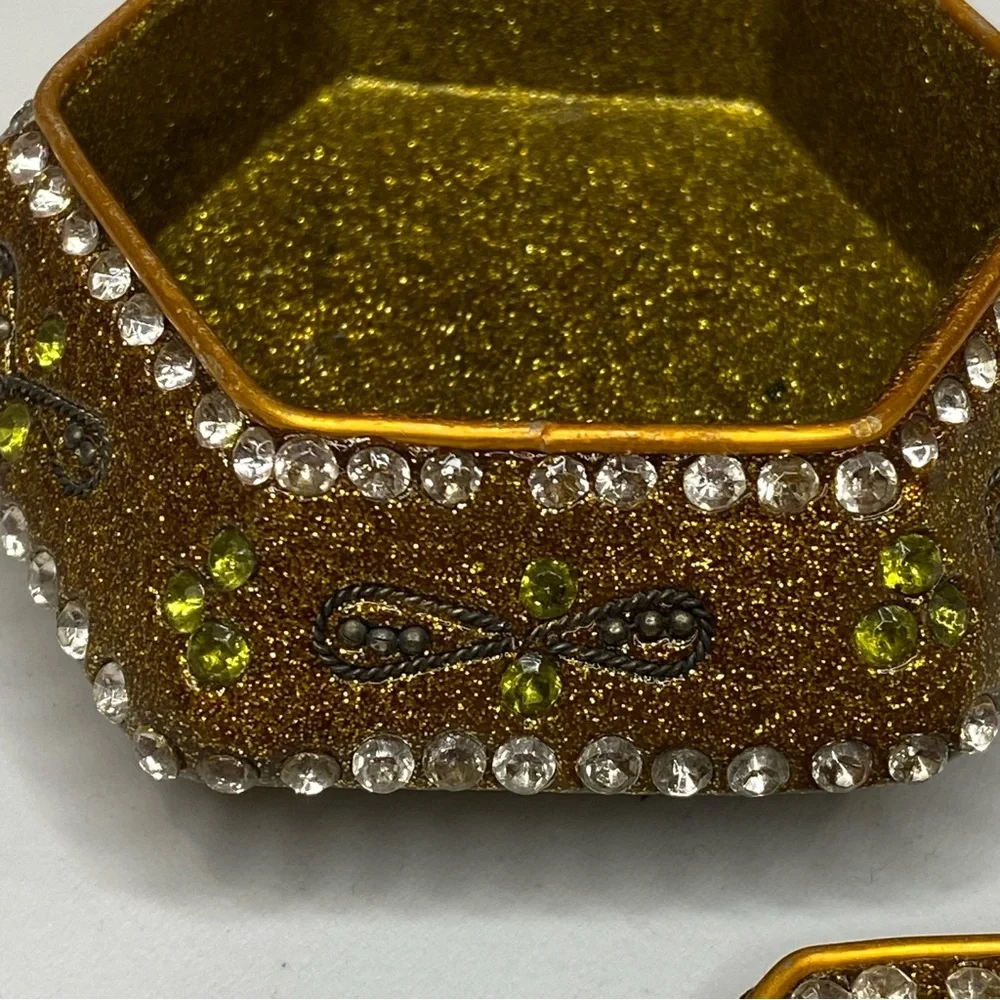 Vintage Gold Sparkly Enameled Bejeweled Trinket Jewelry Box Moroccan Mosaic